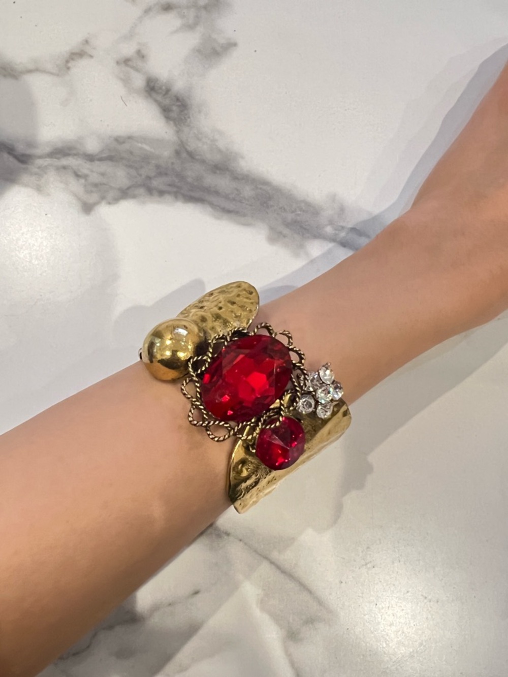 Gold Red Gemstone Cuff Statement Bracelet